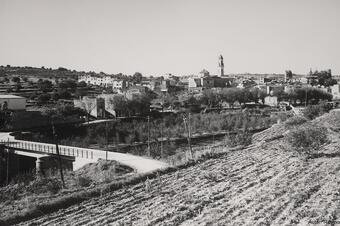 Memòria en ruta al Catllar – Vista general de la vila amb els camps conreats, 1960