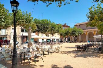 Plaça Farners de Santa Coloma de Farners, amb plàtans i façanes de l'angle sud-est